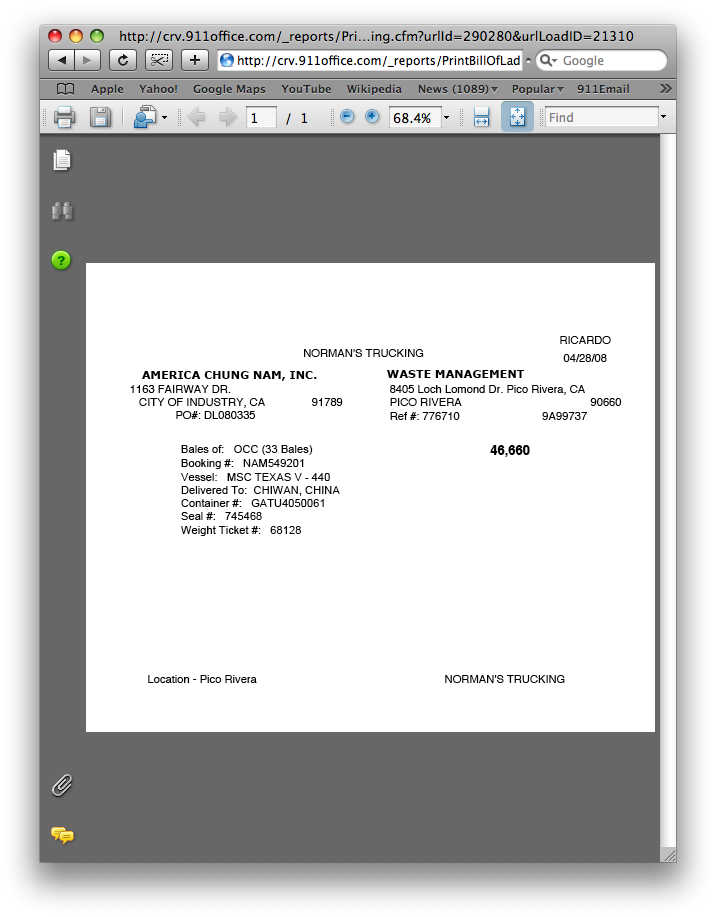 Outbound Exporting Recycling Bill of Lading